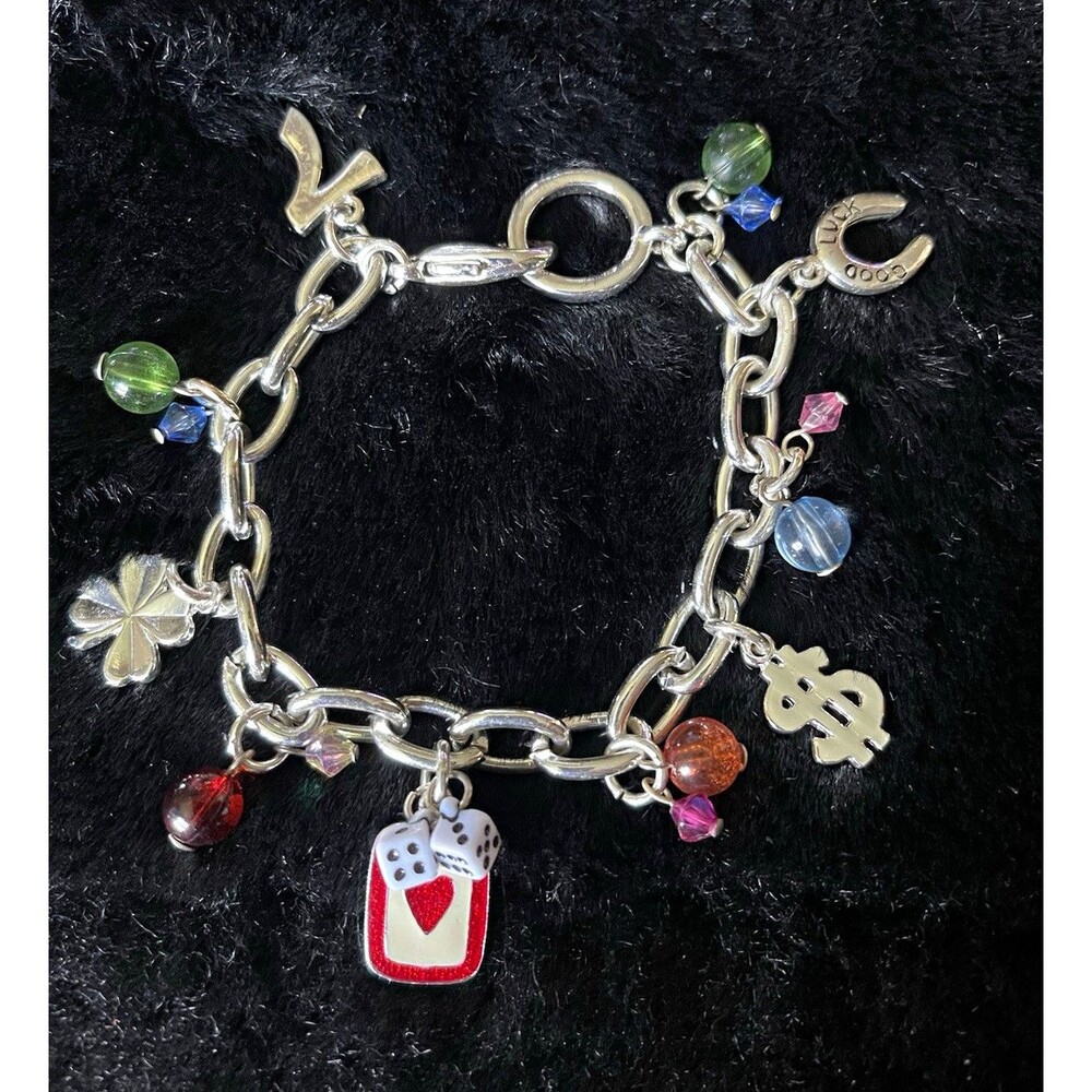 Silver Tone Cable Chain Charm Bracelet Luck Gambling Dangle Charms Multicolor